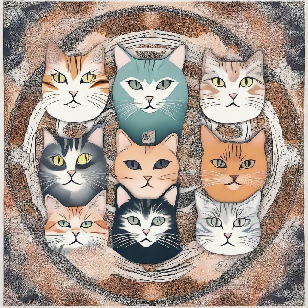 Create a tapestry featuring multiple cats integrated with mandala designs