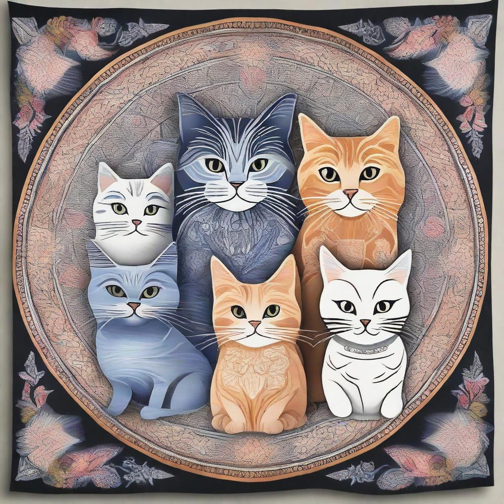 Create a tapestry featuring multiple cats integrated with mandala designs