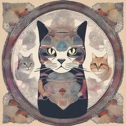 Create a tapestry featuring multiple cats integrated with mandala designs