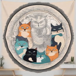 Create a tapestry featuring multiple cats integrated with mandala designs