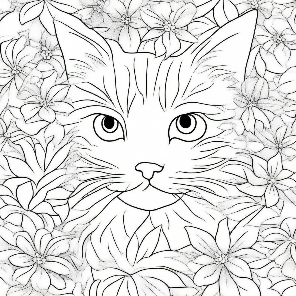 Create a coloring book page featuring a cat