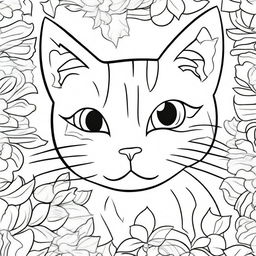 Create a coloring book page featuring a cat