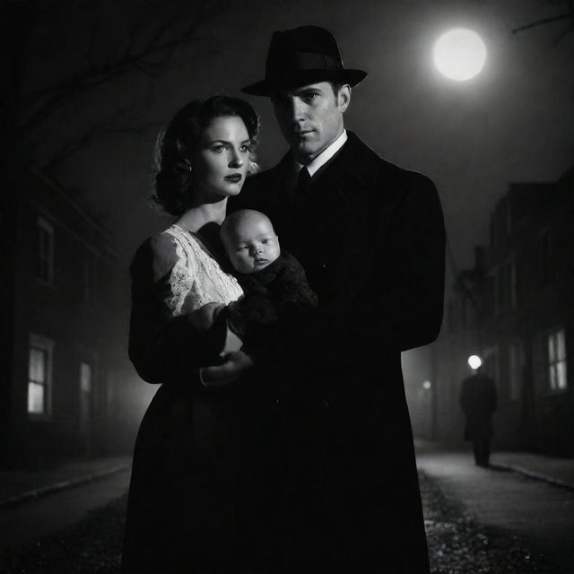 A noir styled detective standing alongside his wife, who is warmly cradling their baby in her arms, illuminated by a romantic moonlight.