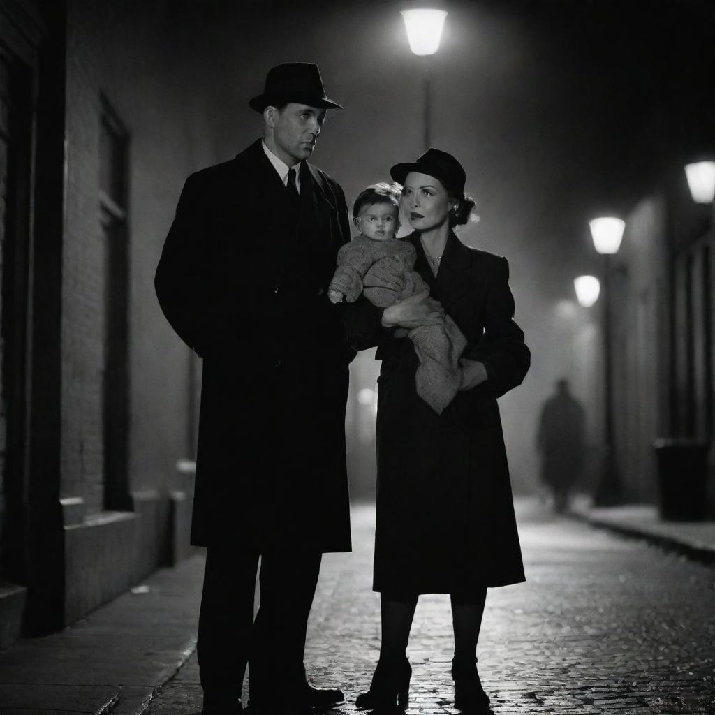 A film-noir detective standing protectively next to his wife, who is tenderly carrying their shared child, under the soft and romantic glow of a city lamplight.