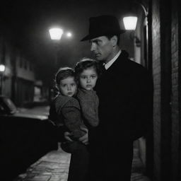 A film-noir detective standing protectively next to his wife, who is tenderly carrying their shared child, under the soft and romantic glow of a city lamplight.