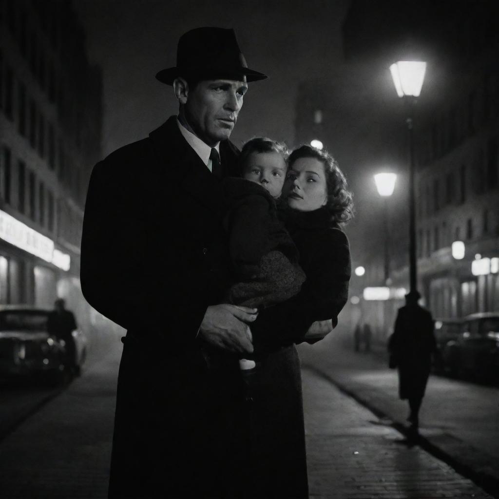 A film-noir detective standing protectively next to his wife, who is tenderly carrying their shared child, under the soft and romantic glow of a city lamplight.