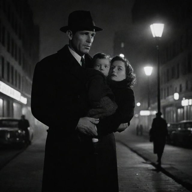 A film-noir detective standing protectively next to his wife, who is tenderly carrying their shared child, under the soft and romantic glow of a city lamplight.