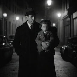 A film-noir detective standing protectively next to his wife, who is tenderly carrying their shared child, under the soft and romantic glow of a city lamplight.