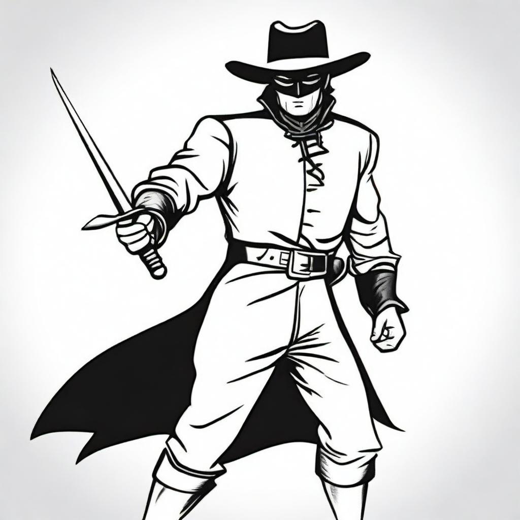 A cartoon-style depiction of Zorro, designed for coloring books