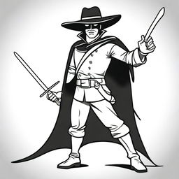 A cartoon-style depiction of Zorro, designed for coloring books