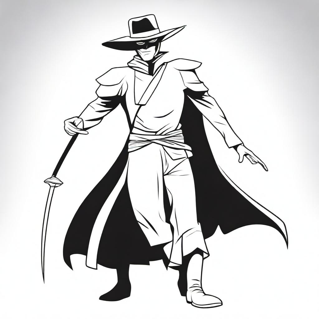 A cartoon-style depiction of Zorro, designed for coloring books