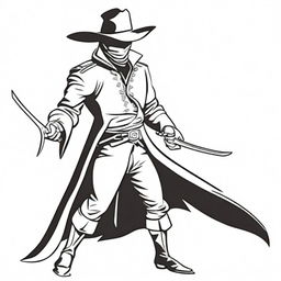 A cartoon-style depiction of Zorro, designed for coloring books