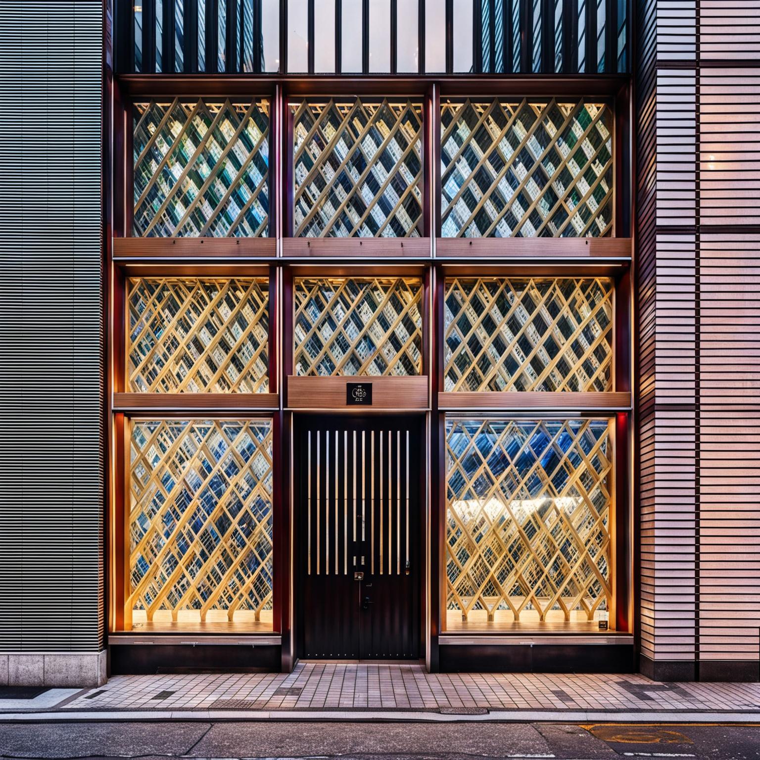 A bookstore in Tokyo's Shirokane neighbourhood with a polished wooden lattice facade, diamond-shaped windows and a black entrance door.