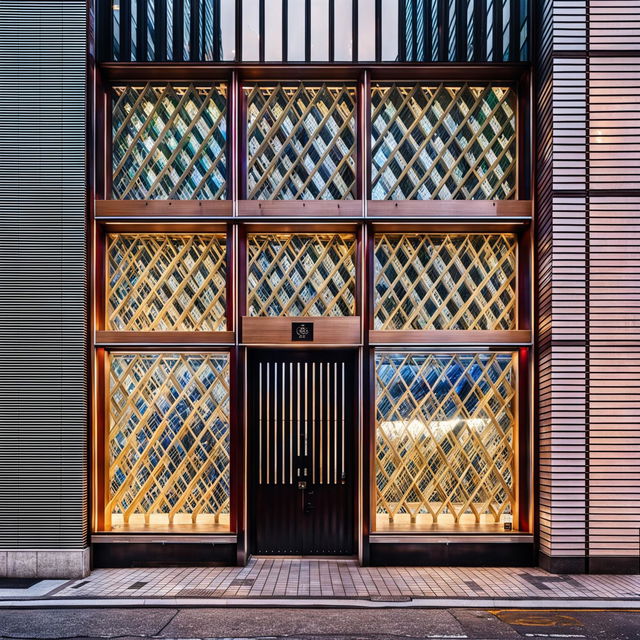 A bookstore in Tokyo's Shirokane neighbourhood with a polished wooden lattice facade, diamond-shaped windows and a black entrance door.