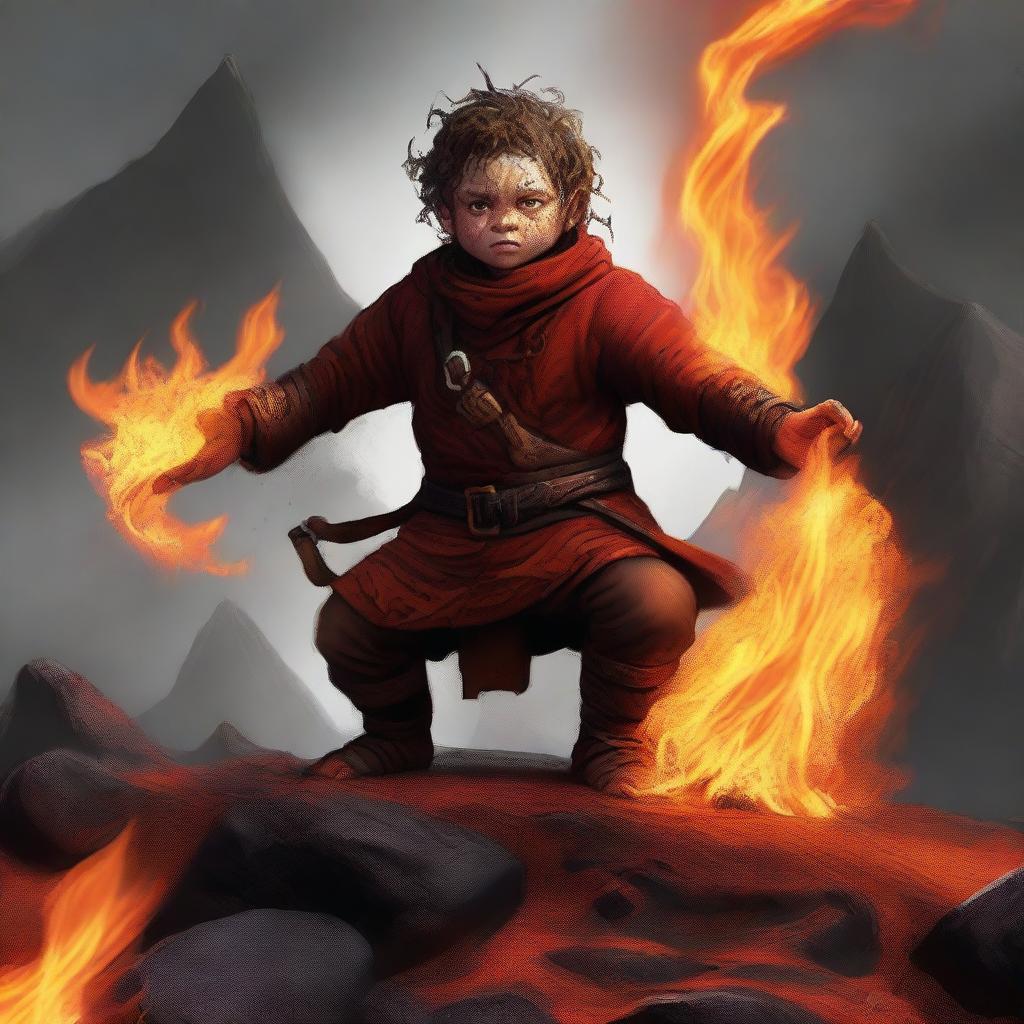 A halfling fire kineticist in a volcanic landscape, surrounded by molten lava and fiery embers