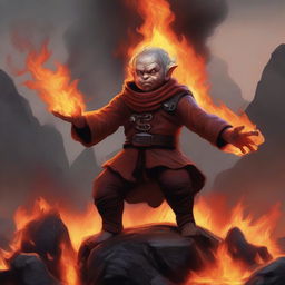 A halfling fire kineticist in a volcanic landscape, surrounded by molten lava and fiery embers