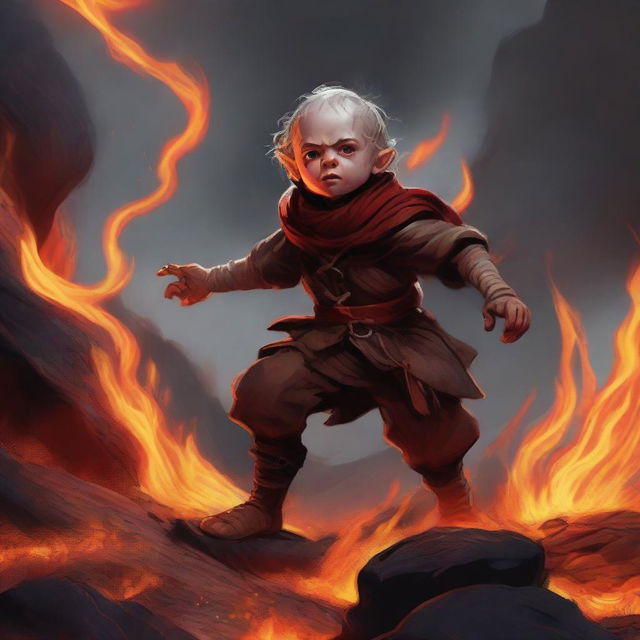 A halfling fire kineticist in a volcanic landscape, surrounded by molten lava and fiery embers