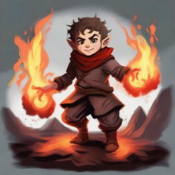 A halfling fire kineticist in a volcanic landscape, surrounded by molten lava and fiery embers