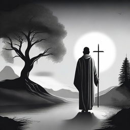 A person being guided by God in a black and white illustration