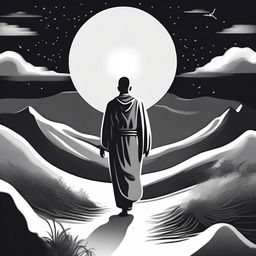 A person being guided by God in a black and white illustration