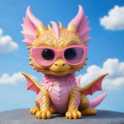 A chibi style cute golden dragon wearing pink glasses, playing under a blue sky