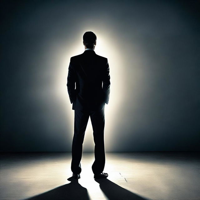 A businessman standing with his back turned, illuminated by a light coming from his knee