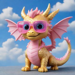 A chibi style cute golden dragon wearing pink glasses, playing under a blue sky