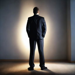 A businessman standing with his back turned, illuminated by a light coming from his knee