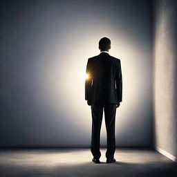 A businessman standing with his back turned, illuminated by a light coming from his knee