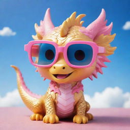 A chibi style cute golden dragon wearing pink glasses, playing under a blue sky