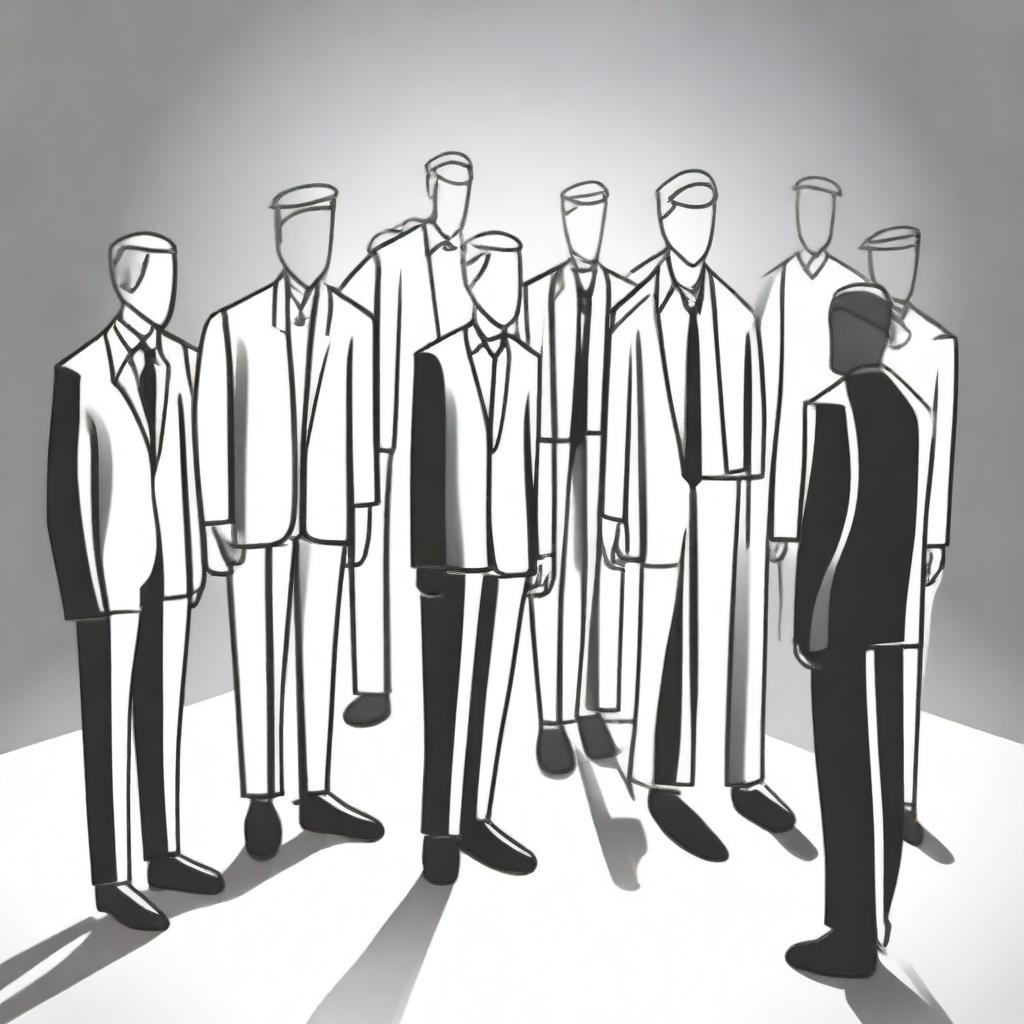 Draw several people in a company setting, with a man standing in front of them