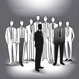 Draw several people in a company setting, with a man standing in front of them