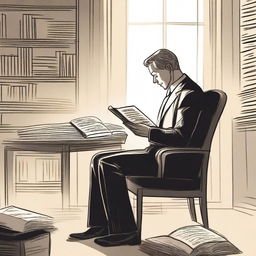 A drawing of a businessman in his office, sitting and reading the Bible