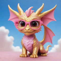 A chibi style cute golden dragon wearing pink glasses, playing under a blue sky