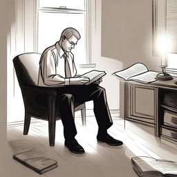 A drawing of a businessman in his office, sitting and reading the Bible