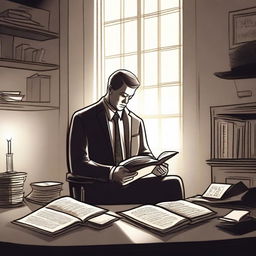 A drawing of a businessman in his office, sitting and reading the Bible