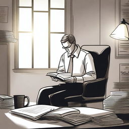 A drawing of a businessman in his office, sitting and reading the Bible