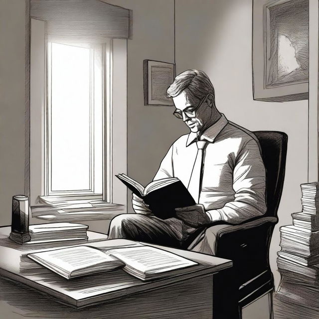 A drawing of a businessman sitting in his office, reading the Bible