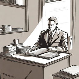 A drawing of a businessman sitting in his office, reading the Bible