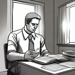 A drawing of a businessman sitting in his office, reading the Bible