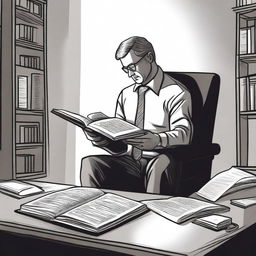 A drawing of a businessman sitting in his office, reading the Bible