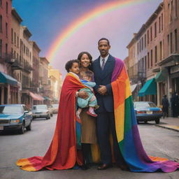 The detective and his wife, both clad in vibrant, joyous colors, with their child nestled in a rainbow-hued blanket. The setting is a color-bathed city street under a dazzling, dreamlike sky.