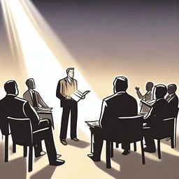 A drawing of a businessman leading several people in a meeting, with a light coming from the sky illuminating him