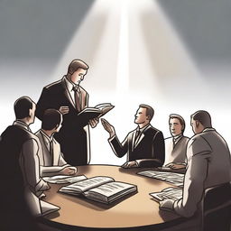 A drawing of a businessman leading several people in a meeting, with a light coming from the sky illuminating him