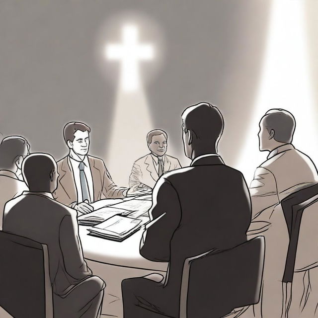 A drawing of a businessman leading several people in a meeting, with a light coming from the sky illuminating him