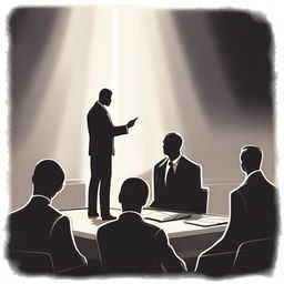 A drawing of a businessman leading several people in a meeting, with a light coming from the sky illuminating him