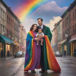 The detective and his wife, both clad in vibrant, joyous colors, with their child nestled in a rainbow-hued blanket. The setting is a color-bathed city street under a dazzling, dreamlike sky.