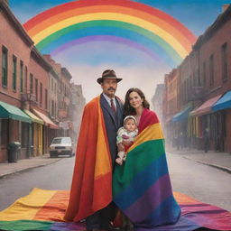 The detective and his wife, both clad in vibrant, joyous colors, with their child nestled in a rainbow-hued blanket. The setting is a color-bathed city street under a dazzling, dreamlike sky.