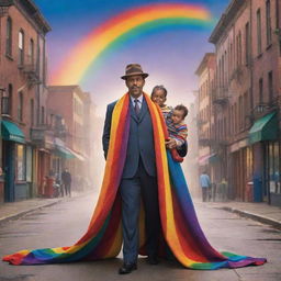 The detective and his wife, both clad in vibrant, joyous colors, with their child nestled in a rainbow-hued blanket. The setting is a color-bathed city street under a dazzling, dreamlike sky.