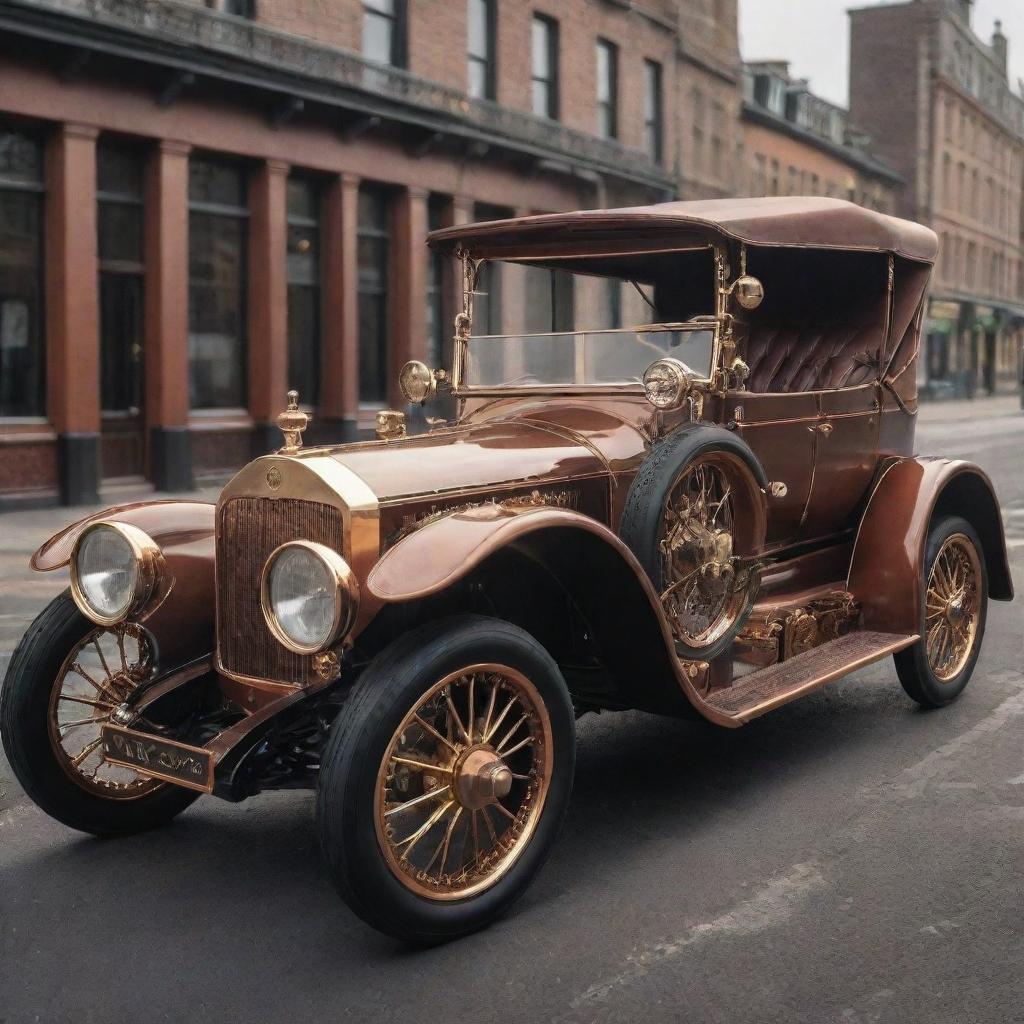 Luxury cars reimagined in a steampunk style, featuring elegant vintage design, brass and copper details, intricate gearwork, and steam-powered machinery.